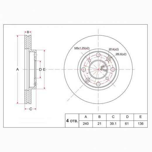 Диск тормозной передний Honda Jazz '02-'09/ Logo Sportic '96-'01/ Fit Aria '01-'09/ Capa '98-'02/ Fit '01-'07 (240 *22 *4x100) контрактный