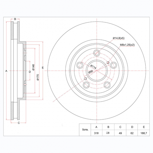Диск тормозной передний Lexus RX '03-'08/ Toyota Highlander '00-'07/ Harrier '03-'12 (318 *28 *5x114) NIBK