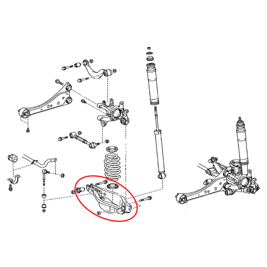 Рычаг задний Lexus CT '10-'15/ Toyota Mark X Zio '07-'13/ Auris '06-'17/ Avensis '09-'17/ Blade '06-'12/ Rumion '07-'15 левый нижний под пружину контрактный