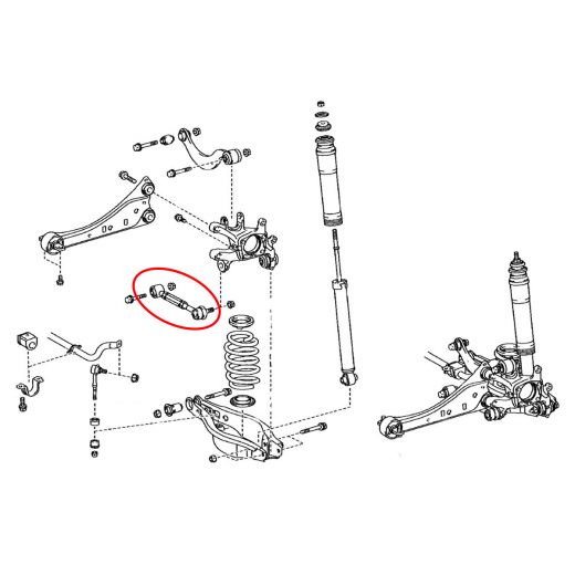 Рычаг задний Lexus CT '10-'15/ Toyota Mark X Zio '07-'13/ Auris '06-'17/ Avensis '09-'17/ Blade '06-'12/ Rumion '07-'15 нижний регулируемый с шаровой контрактный