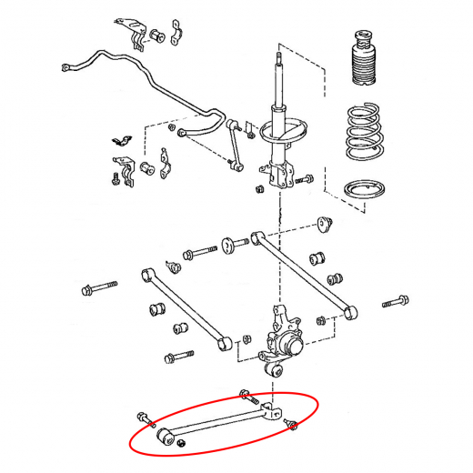 Рычаг задний Toyota Vista  '90-'98/ Prominent '90-'94/ Camry '90-'01/ Corolla/ Sprinter '87-'02/ Windom '91-'01/ Levin/ Trueno '87-'00/ Marino/ Ceres '92-'98/ Carib/ Caldina '95-'02/ Scepter '92-'96/ Pronard '00-'03/ Mark II Qualis '97-'02/ Curren '94-'98/ Avalon '95-'04/ Premio/ Gracia '96-'01/ Carina '88-'01/ ED/ Exiv/ Curren '89-'98/ Celica '89-'99/ Spacio '97-'01/ Corona '87-'96 нижний продольный 49см контрактный