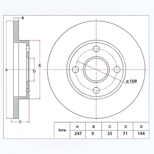 Диск тормозной задний Peugeot 307 '00-'07/ Citroen C3 '02-'17 (247 *9 *4x108) Delphi