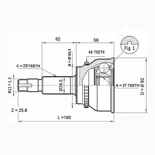 Шрус наружный переднего привода Toyota Camry, Caldina, Allion, Estima, Harrier, Ipsum, Kluger, Premio, Rav4, Alphard, Highlander, Wish, Lexus RX ABS API (Тайвань) 43470-29625