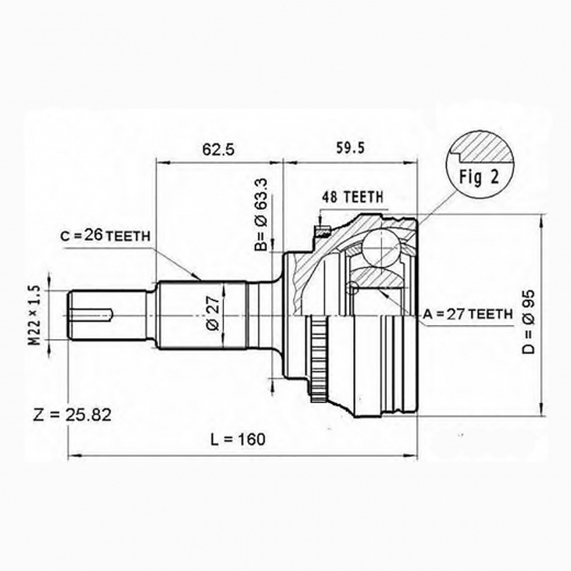 Шрус наружный переднего привода Toyota Camry, Caldina, Allion, Estima, Harrier, Ipsum, Kluger, Premio, Rav4, Alphard, Highlander, Wish, Lexus RX ABS SAT Китай TO-061A