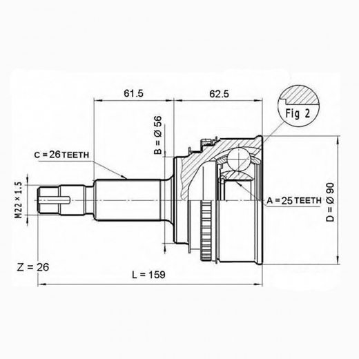 Шрус наружный переднего привода Toyota Corona Premio, Caldina, Carina, Celica, Curren, ED, Exiv, Gaia, Harrier, Ipsum, Nadia, Lexus RX ABS Lynx CO-7525A