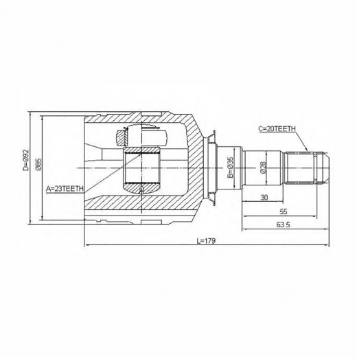 Шрус внутренний переднего левого привода Pontiac Vibe, Toyota Vista, Prius, Voltz, Corona Premio, Corolla, Camry, Allex, Caldina, Carina, Allion, Celica, Curren, ED, Exiv, Fielder, Gaia, Ipsum, Isis, MR-S, Nadia, Opa, Rav4, Runx, Spacio, Sprinter, Wish SAT Китай TO-560