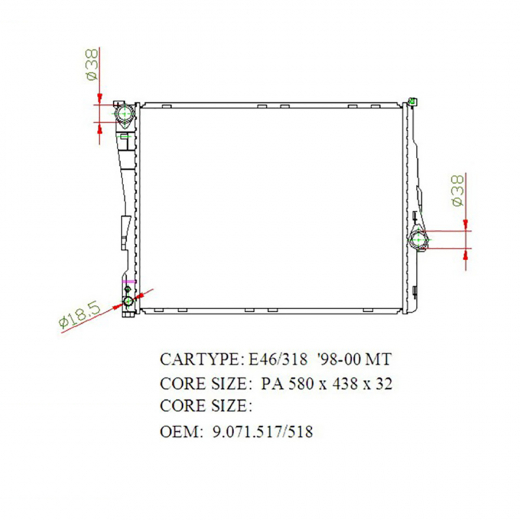 Радиатор охлаждения BMW 3 Series '98-'06 (M43B16-164E3, N45B16A, M43B19-194E1, N42B20A, N46B20, M50B20-206S2, M54B22-226S1, M52B25-256S4, M54B25-256S5, N42B18A, N46B18, N47D20, M52B20-206S4, M47D20, N43B20) Panda