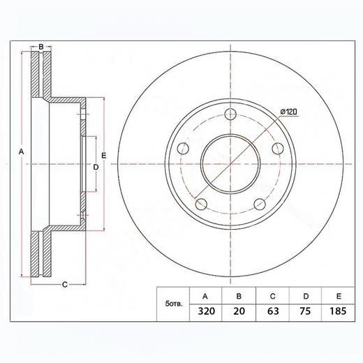 Диск тормозной задний BMW 5 Series '03-'10 (320 *20 *5x120) Patron