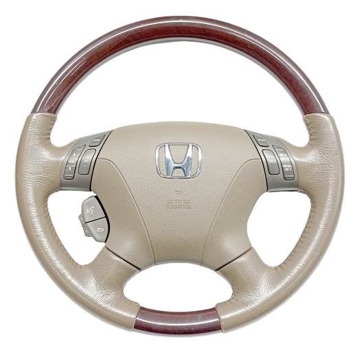 Руль Honda Elysion '04-'13 Airbag с пиропатроном (4 луча, кнопки, кожа, под дерево) Контрактный